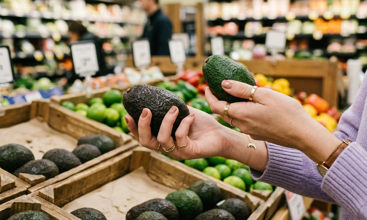 Un plano medio de una mujer con suéter lavanda en un supermercado, sosteniendo y comparando dos aguacates diferentes con ambas manos cuidadas y con anillos. El fondo de la sección de frutas está desenfocado, simbolizando la toma de decisiones cotidianas a los 30 años.