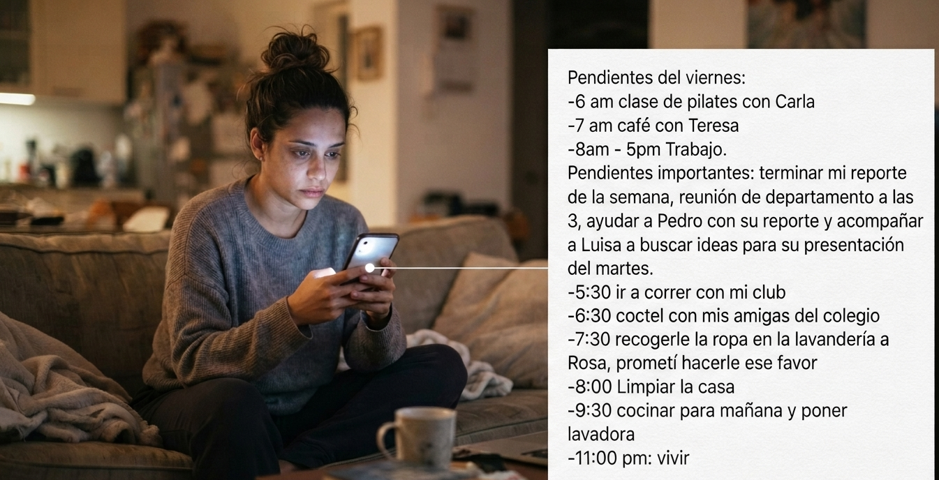 Una composición fotográfica en pantalla dividida que ilustra el agotamiento y la sobrecarga de tareas. A la izquierda, una toma de plano medio de una mujer joven con expresión exhausta y tensa, con ojeras visibles, sentada en un sofá oscuro y acogedor por la noche. Sostiene un smartphone con las manos, mirando fijamente la pantalla iluminada, que no es legible. A la derecha, un primer plano superpuesto de un panel de texto con un fondo de papel de notas limpio, que muestra una lista detallada de "Pendientes del viernes": La composición visual vincula claramente el agotamiento físico de la mujer con la abrumadora lista de tareas a la que se enfrenta en su teléfono. La iluminación es suave y realista, enfatizando el estado de cansancio.