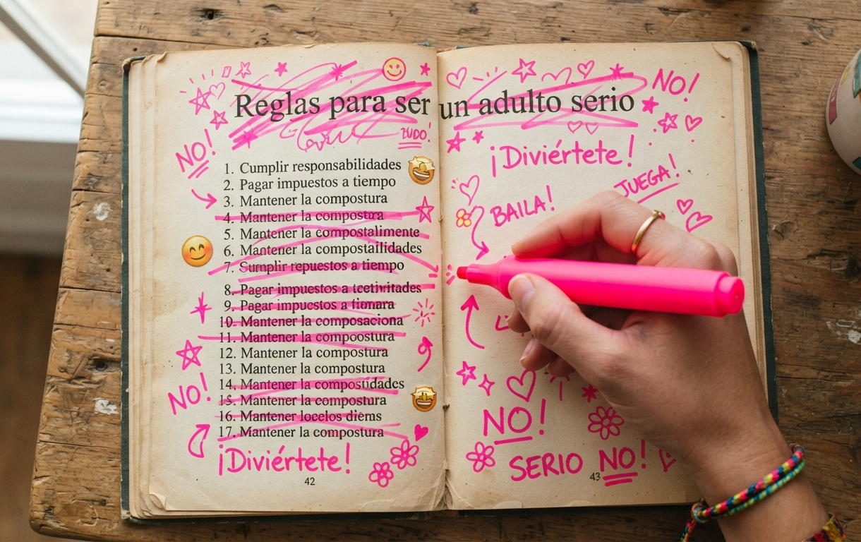 Mano sosteniendo un resaltador rosa para tachar una lista de «Reglas para ser un adulto serio» en un libro viejo, escribiendo «¡Diviértete!», «¡Baila!» y dibujos coloridos.